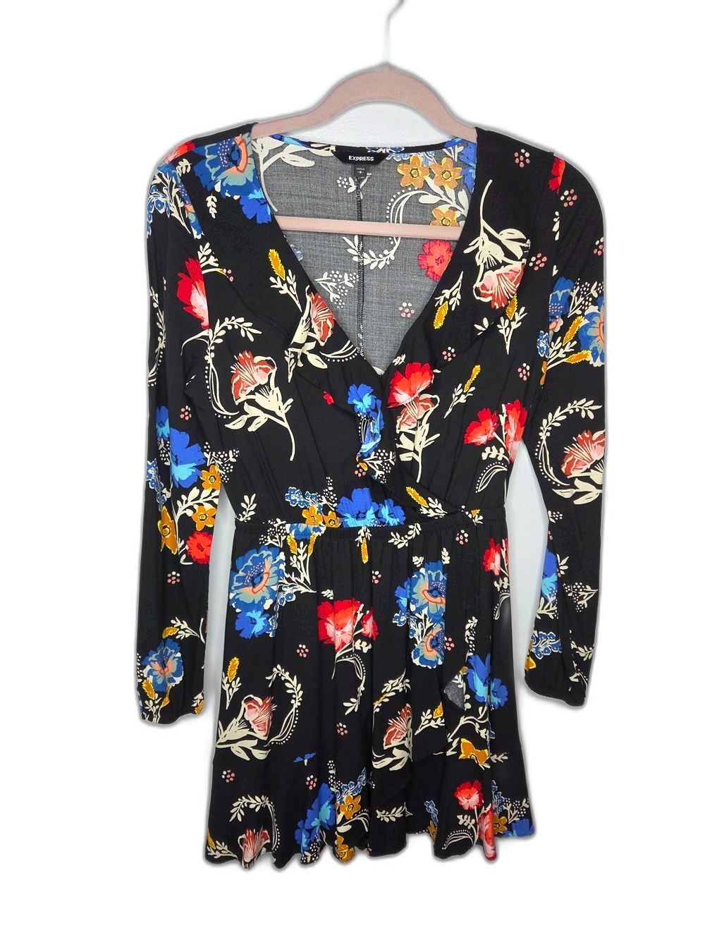 Express Black Floral Wrap-Style Long Sleeve Dress